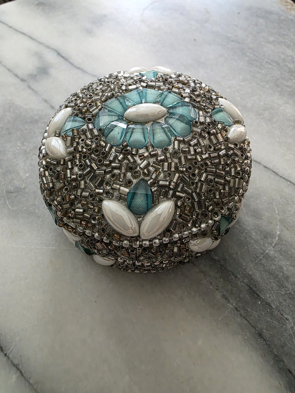 Beaded Decorative Trinket Box in Turquoise and Silver